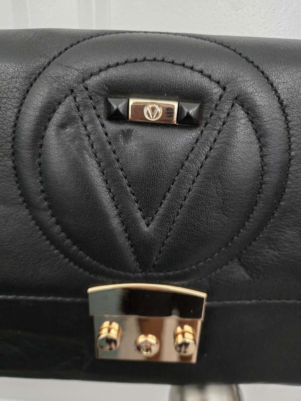 Valentino-Emblem Black Leather Crossbody Bag - Gold Hardware